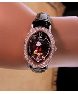 Vintage Rhinestone mickey watch - disney mouse - runs well - ladies blac... - $65.00