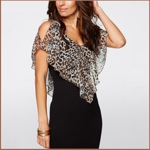 Leopard Print Ruffled Sheer Chiffon Collar Sleeveless Black Pencil Mini Dress image 3