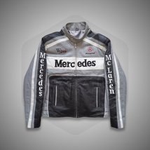Men&#39;s Grey Mercedes Benz F1 Racing Vintage Leather Nascar Car Racing Jacket - $139.99