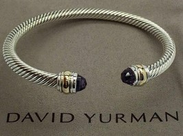 David Yurman Sterling Silver 925 & 14k Gold 5mm Cable Amethyst Cuff Bracelet - $282.15