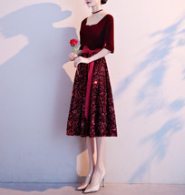 Black Half Sleeve Velvet Midi Dress Womens High Waist Formal Dress Plus Size image 10