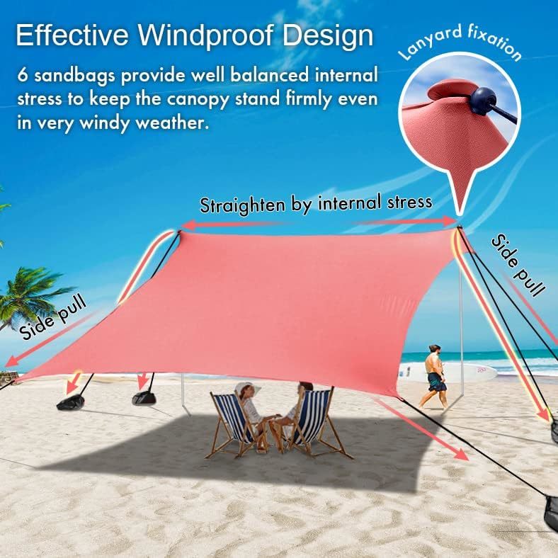  ADesign Windproof Beach Tent Sun Shelter with 8 Sandbags, Wind  Resistant Large Family Beach Canopy with Sand Shovel, UPF50+, 6.5 FT Tall,  Easy Setup Sun Shade for Beach Vacation : Sports