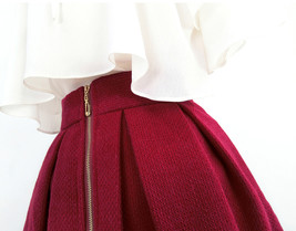 Winter Long Pleated Skirt Warm Woolen Midi Pleated Party Skirt BURGUNDY BLACK image 4