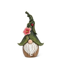 Gnome Statue with Ladybug Leaf Flower Hat White Beard 12" High Poly Resin Green