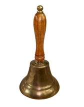 Vintage Brass Wood Handle Hand Held Bell 7.5" School Dinner Nautical India image 2