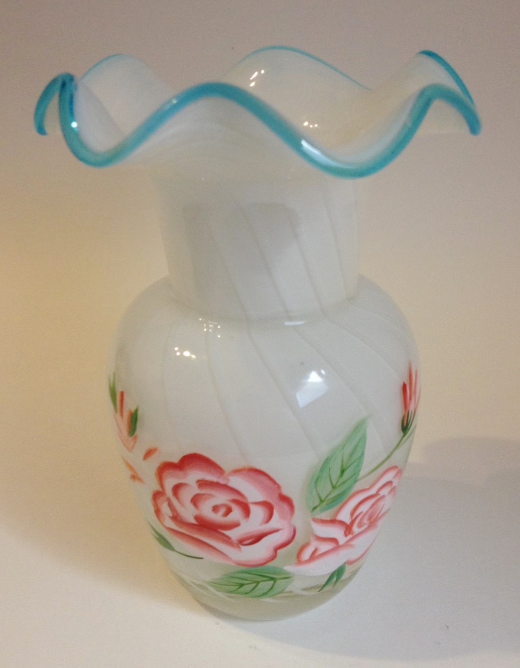 Primary image for Tulip Glass Vase White Swirl Painted Floral Pink Rose Flowers Blue Scalloped 