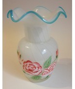 Tulip Glass Vase White Swirl Painted Floral Pink Rose Flowers Blue Scall... - $35.00