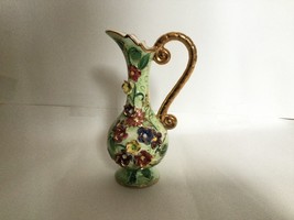 Japanese porcelain water pitcher green with 3D applied flowers gold gilded 8.5" - $50.00