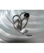 Vintage Sterling Silver Marked Abstract Heart Ribbon with Black Oval Cab Pin  - $13.99