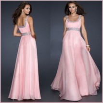  DiVA Pink Sequined Empire Waist Scoop Neck Chiffon Layered Evening Prom Gown 