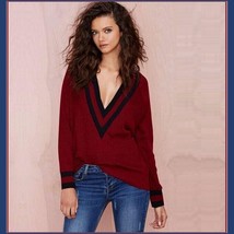 Loose Long Sleeved Knitted Pullover Striped Edge V Neckline Maroon Sweater