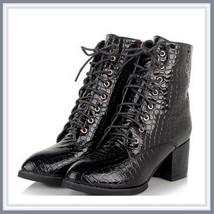Black Gothic Lace Up Zip Up Embossed Snakeskin PU Leather Block Heel Ankle Boot