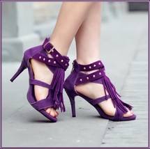 Purple Fringe Suede Leather Metal Rivet Strappy Stiletto Ankle High Heel Sandals