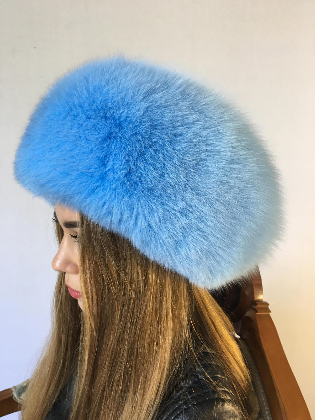 Arctric Fox Fur Hat Saga Furs Fox Full Beret Hat Light Blue Fur Hat - Women