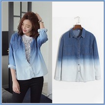 Faded Wash Denim Button Down Long Sleeved Gradient Blue Jeans Shirt