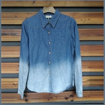 Faded Wash Denim Button Down Long Sleeved Gradient Blue Jeans Shirt image 2