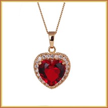 Ruby Red Crystal Heart Pendant & Clear Cubic Zircon 18K Yellow Gold Fill Mount 