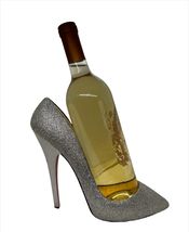 Silver Glitter Wine Bottle Holder Stiletto Shoe Design Poly Stone 8" High image 7