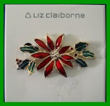 Christmas PIN #0193 Liz Claiborne Poinsettia -Green Enamel Leave Goldton... - $24.70