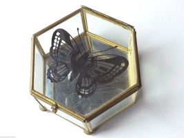 Hexagon Leaded Glass Trinket Jewelry Box Mirror Hinged Lid Butterfly Accent - $21.74