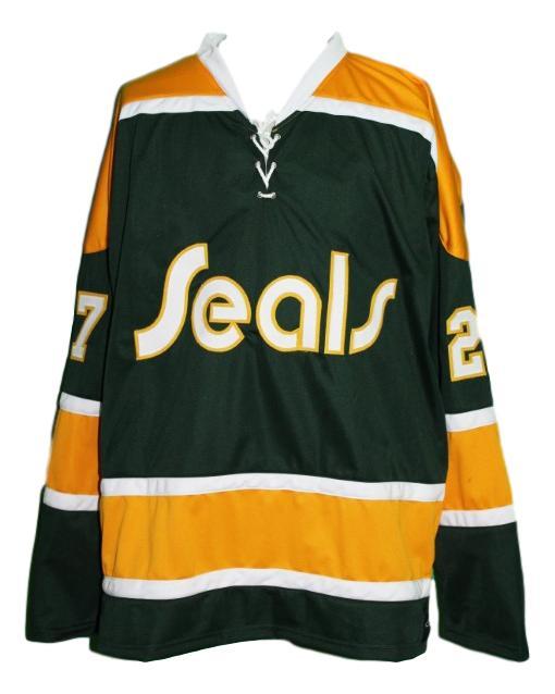 Gilles meloche  27 california golden seals retro hockey jersey green   1