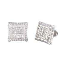 Men&#39;s Sterling Silver Hip Hop Stud Earrings Micropave CZ Deep 10mm Square - $26.85