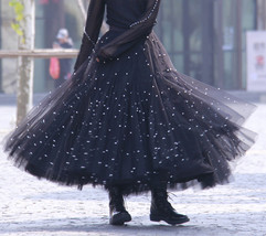 Black Party Skirt Outift  Long Tulle Skirt Plus Size Black Tutu Skirt Pearl deco image 2