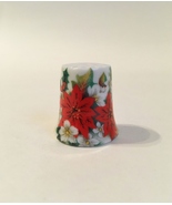 Merry Christmas Thimble Vintage Poinsettia Flowers Holly Leaves Porcelain - $17.00