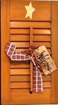 45316N - Wood Shutter Natural Primitive with Welcome Tag, Ribbon and Berries - $14.95