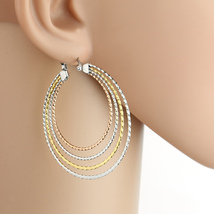 Large Tricolor Silver, Gold & Rose Tone Hoop Earrings- United Elegance - $23.99