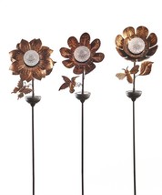 Solar Flower Garden Stakes Set of 3 Lights Up Metal Bronze Color Double Pronged 