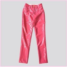Bright Pink Tight Fit Faux Leather High Waist Front Zip Up Legging Pencil Pants image 3