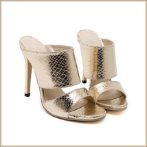 Embossed Gold Snakeskin PU Leather Fashion High Heel Stiletto Mule Slides image 2