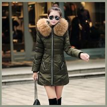 Racoon Faux Fur Trimmed Hood Long Sleeve Duck Down Army Green Parka Coat Jacket image 2