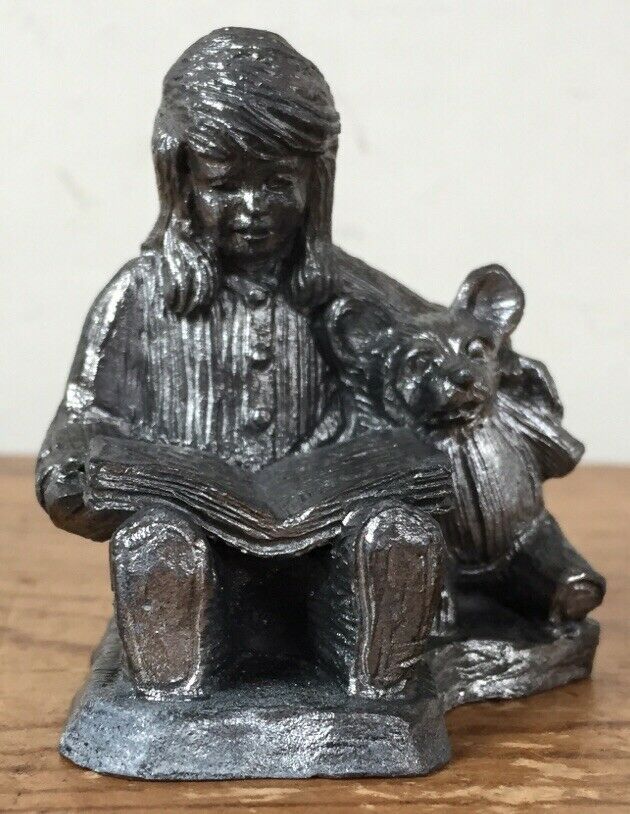 Primary image for Vtg Michael Ricker Pewter Girl Reading Book Teddy Bear Figurine Handcrafted USA