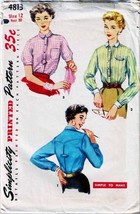 Vintage 1950&#39;s Misses&#39; SHIRTS Simplicity Pattern 4813-s Size 12 - $15.00