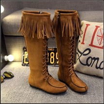 Tassel Fringe Suede Camel Faux Leather Lace Up Zip Up Tall Moccasin Trail Boots