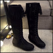 Tassel Fringe Black Suede Faux Leather Lace Up Zip Up Moccasin Trail Boots