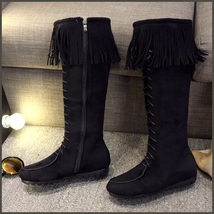 Tassel Fringe Black Suede Faux Leather Lace Up Zip Up Moccasin Trail Boots image 2