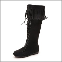 Tassel Fringe Black Suede Faux Leather Lace Up Zip Up Moccasin Trail Boots image 3