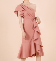 A Line One Shoulder Midi Dress Summer Wedding Bridesmaid Dress, Dark Green Blush image 7