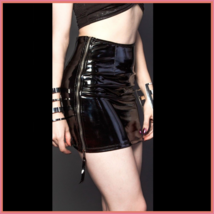 Black Wet look PU Leather Faux Latex Full Zip Side Straight Mini Pencil Skirt 