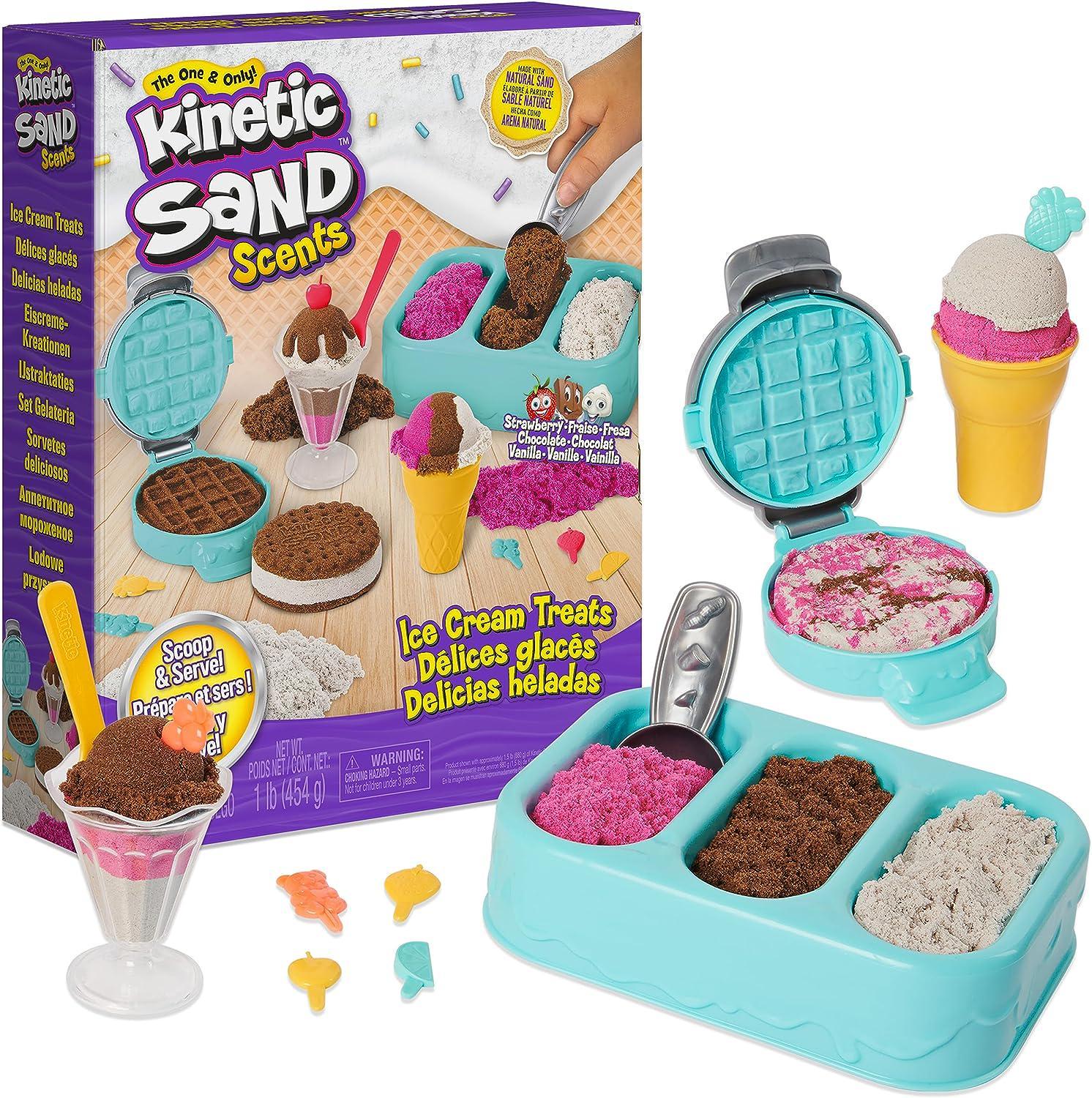 Kinetic Sand, Squish N' Create Playset, with 13.5oz of Blue, Yellow & Pink  Play Sand, 5 Tools, Stocking Stuffers for Kids