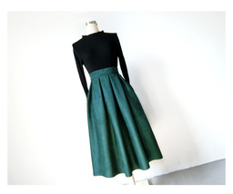 Green Suede Midi Skirt Outfit Womens Autumn Winter Midi Pleated Skirt image 3