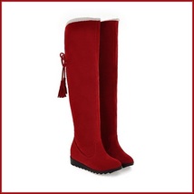 Suede Over The Knee Flat Sole Leather Boots w/ Lace Up Tassel and Fleece Lining image 3