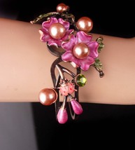 WIDE Rhinestone bracelet / Bohemian ladybug bangle / pink enamel flower ... - $95.00