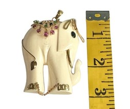 Large Vintage 2.5" Beige Elephant Pendant Rhinestone Gold Tone Estate Necklace image 1