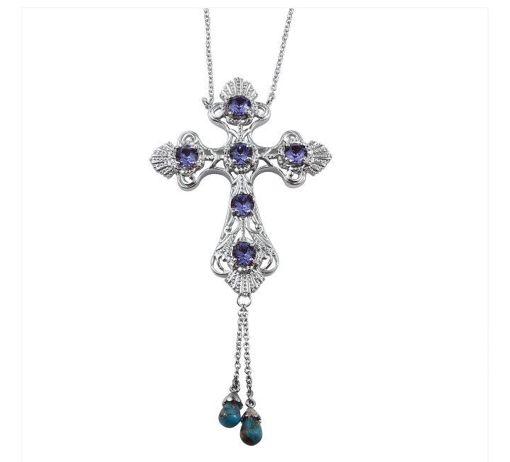 Mojave Blue Turquoise Platinum Bond Brass Cross PendantSWAROVSKI Purple Crystal  - $29.00
