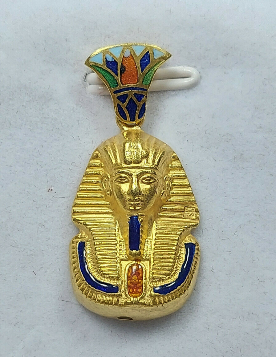 Egyptian Stamped Pendant 18K Yellow Gold King TUT ANKHAMUN Colorful 4 Gr  - $493.98