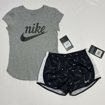 Nike Girls Tee Shirt & Dri-Fit Swooshfetti Tempo Shorts Set Outfit Grey Black 6X - $26.00